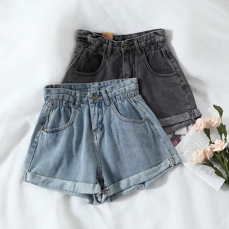High Waisted Denim Shorts for Women Casual Loose Shorts Ladies Fashion Elastic Waist Wide Leg Short Jeans Summer New 2024